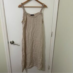 Women’s Elegant Linen Cream Beige Sleeveless Ruffle Maxi Dress